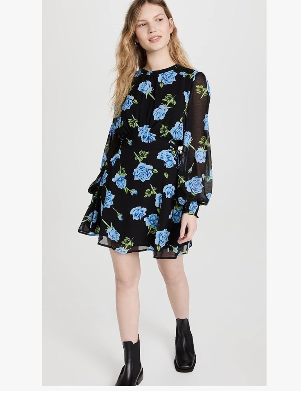 Free People Samantha  Black Mini Dress with Blue Rose Print